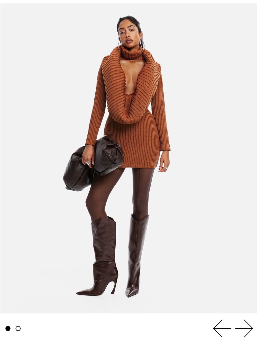 Hanifa Ribbed Cowl Neck Sweater Dress in Rust Brown